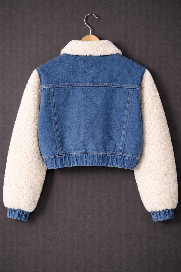 Blue Cropped Denim Jacket with Faux Fur Sleeves & Sherpa Collar