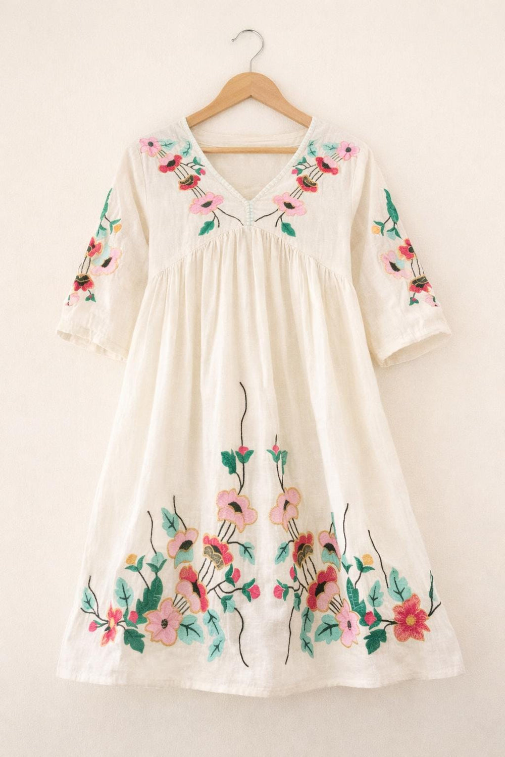 White Cotton Floral Embroidered Boho V-Neck A-Line Midi Dress
