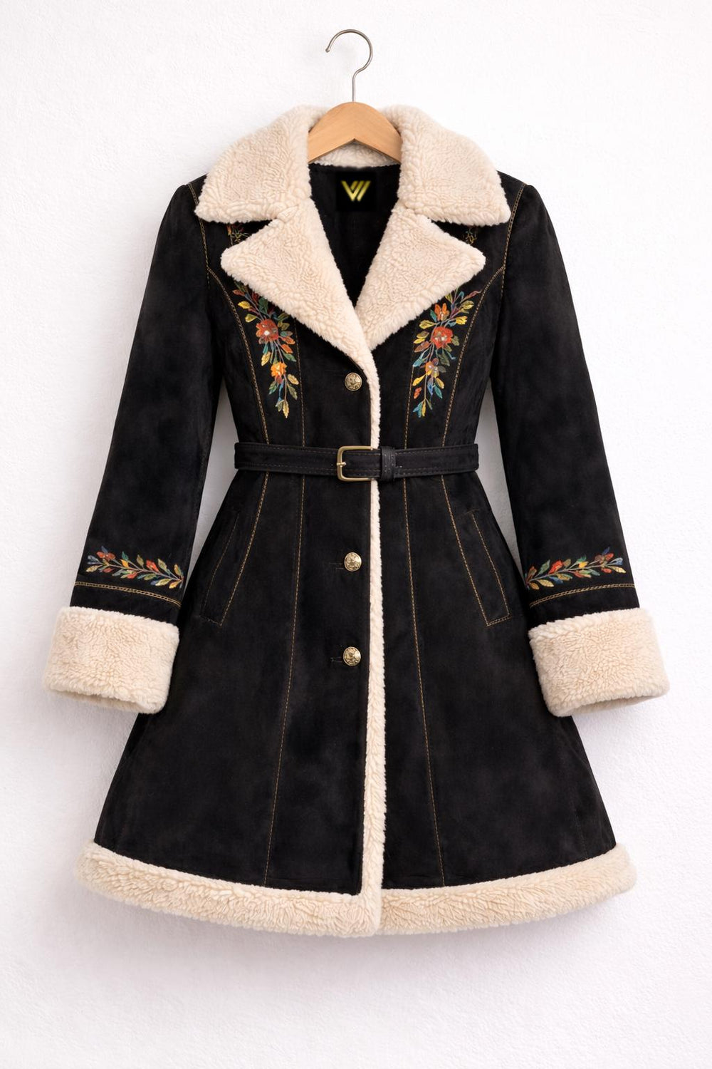 Black Shearling Coat with Floral Embroidery Belted Winter Sherpa Jacket Women