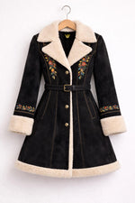 Black Shearling Coat with Floral Embroidery Belted Winter Sherpa Jacket Women