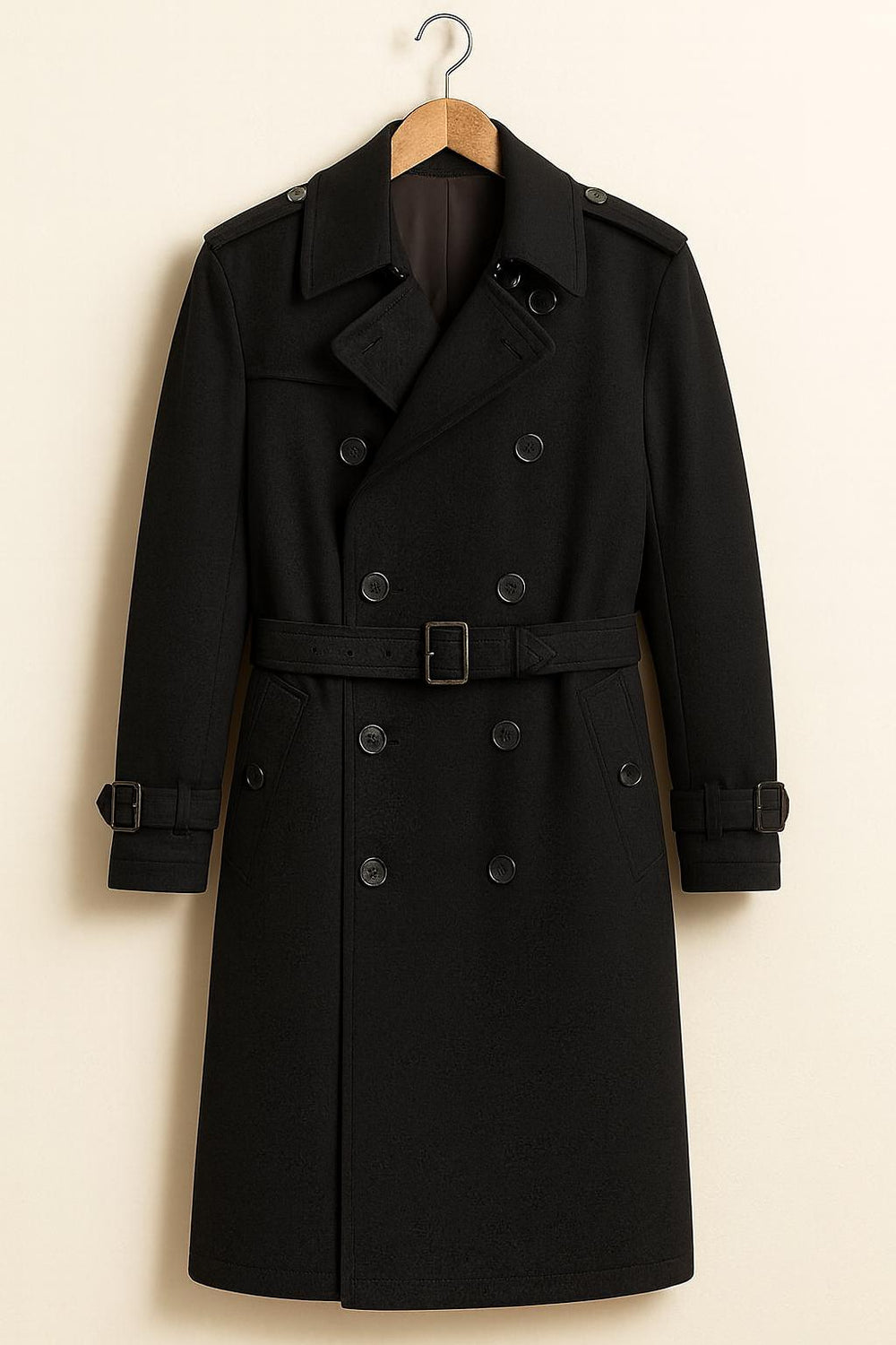 Black Trench Coat Double-Breasted Belted Vintage Overcoat