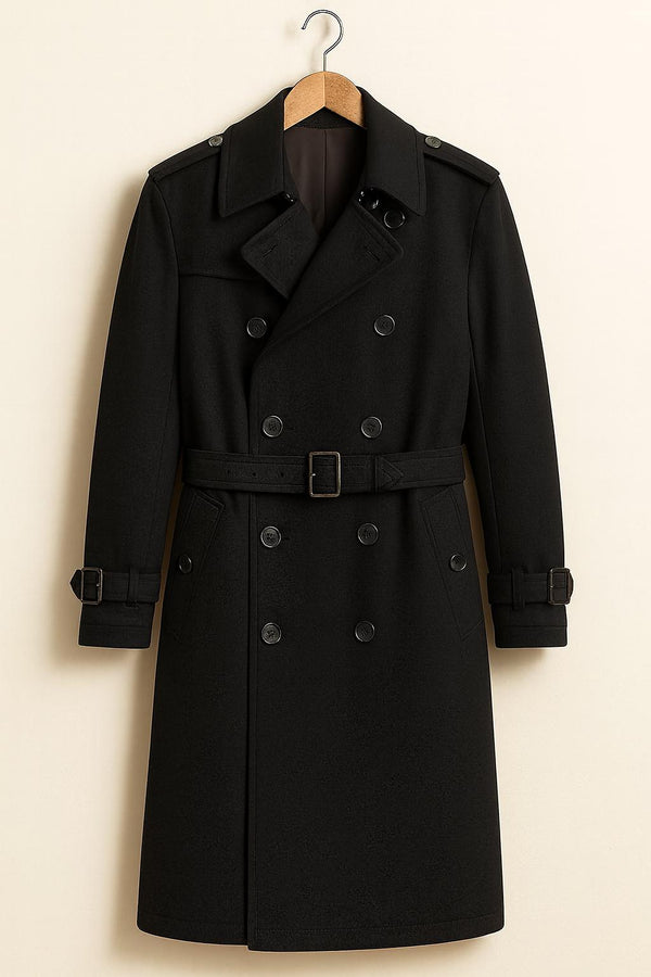 Black Trench Coat Double-Breasted Belted Vintage Overcoat