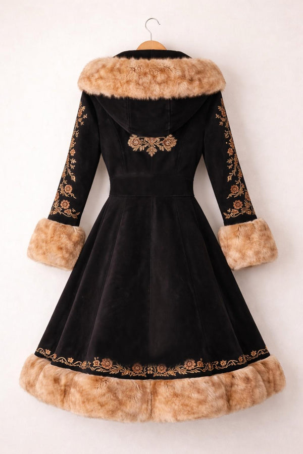 Black Victorian Fur Trim Embroidered Winter Coat