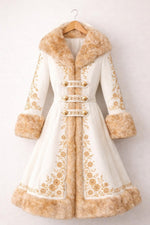 Victorian Ivory Faux Fur Embroidered Coat Elegant Winter Wedding Steampunk Cosplay Princess Vintage Style