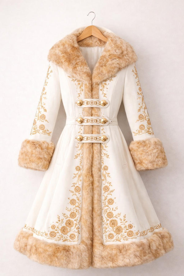Victorian Ivory Faux Fur Embroidered Coat Elegant Winter Wedding Steampunk Cosplay Princess Vintage Style