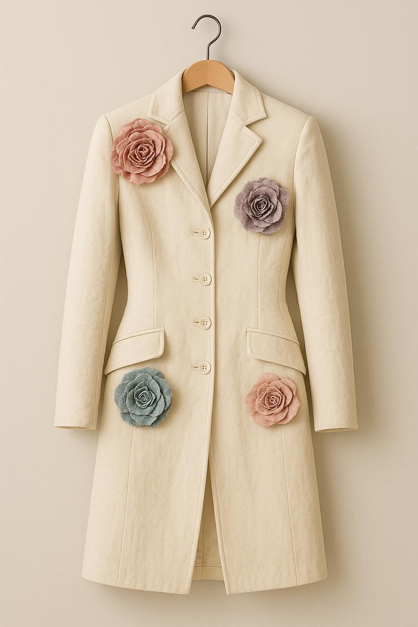 Cream Wool Coat with 3D Flowers – Elegant Handmade Floral Jacket