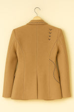 Beige Floral Blazer: Hand Stitch Detail with Black Rose Applique