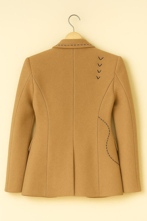 Beige Floral Blazer: Hand Stitch Detail with Black Rose Applique