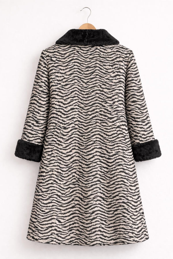 Zebra Print Wool Coat with Black Faux Fur Trim Long Winter Overcoat