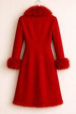 Red Wool Coat with Faux Fur Trim Long Winter Statement Jacket
