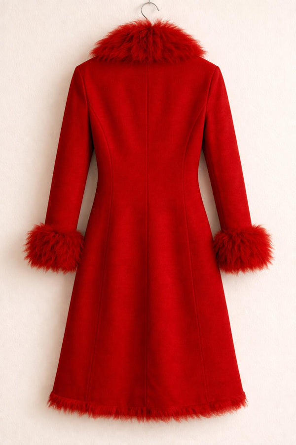 Red Wool Coat with Faux Fur Trim Long Winter Statement Jacket