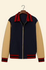 Colorblock Bomber Jacket: Navy & Beige Retro Varsity Jacket