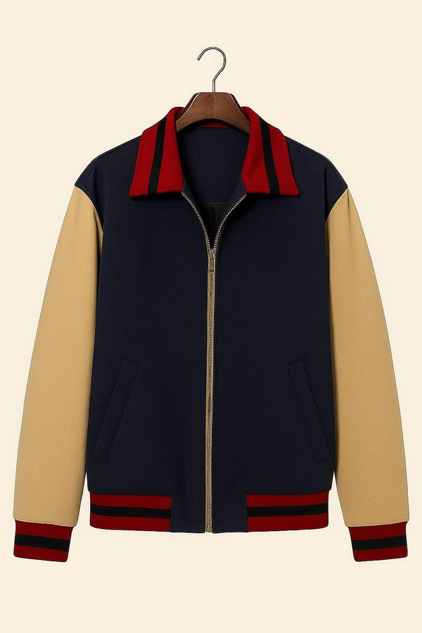 Colorblock Bomber Jacket: Navy & Beige Retro Varsity Jacket