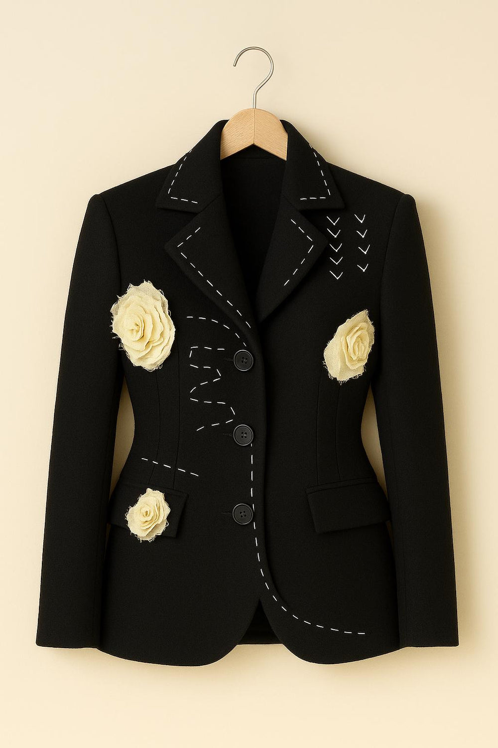 Handmade Black Blazer | Embroidered Rose Applique, Statement Jacket
