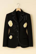 Handmade Black Blazer | Embroidered Rose Applique, Statement Jacket