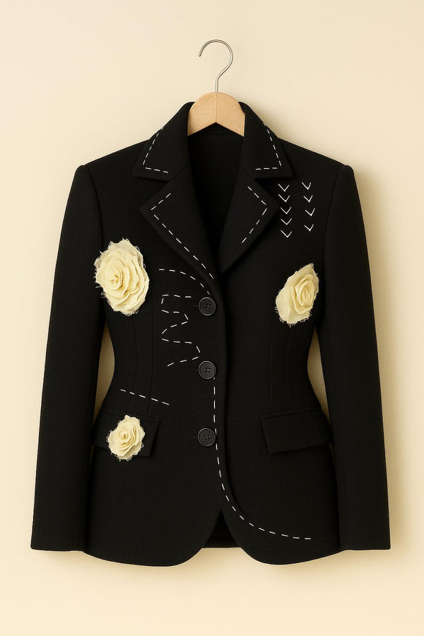 Handmade Black Blazer | Embroidered Rose Applique, Statement Jacket