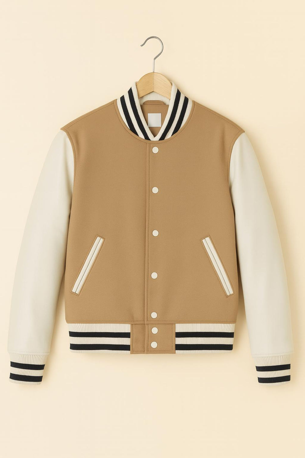 Beige Varsity Jacket | Two-Tone Wool-Blend Bomber