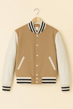 Beige Varsity Jacket | Two-Tone Wool-Blend Bomber