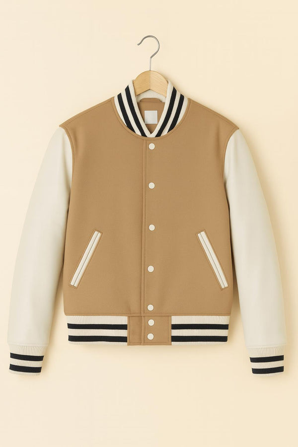 Beige Varsity Jacket | Two-Tone Wool-Blend Bomber