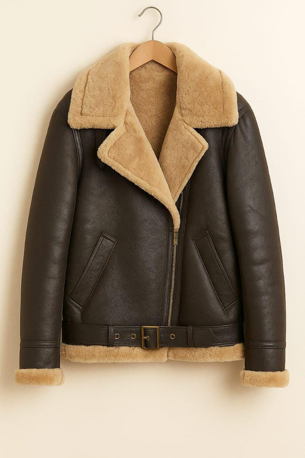 Vintage Brown Shearling Jacket - Warm Winter Aviator Coat
