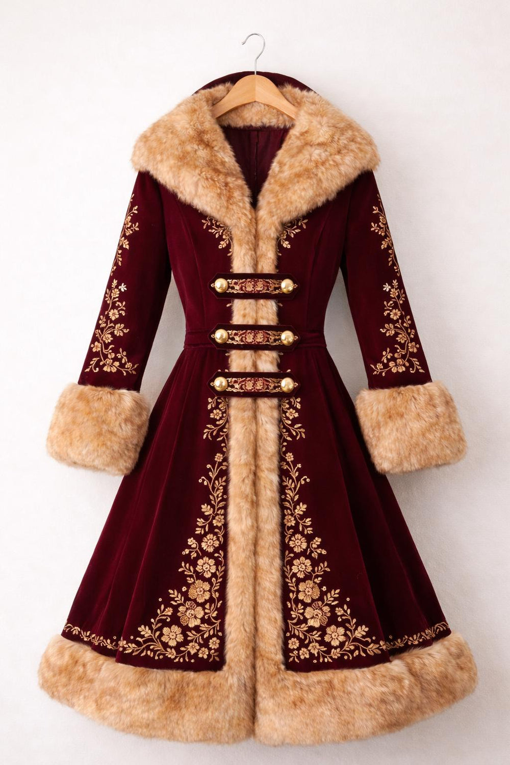 Maroon Victorian Wool Coat with Fur Trim & Embroidery