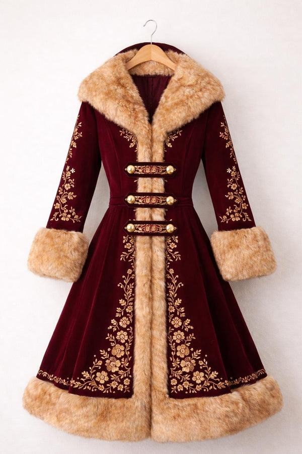 Maroon Victorian Wool Coat with Fur Trim & Embroidery