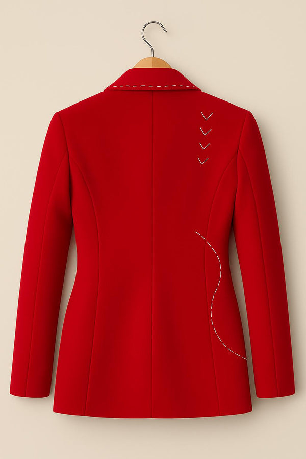Handmade Red Floral Blazer | Rose Applique with Stitch Detail Wool Coat