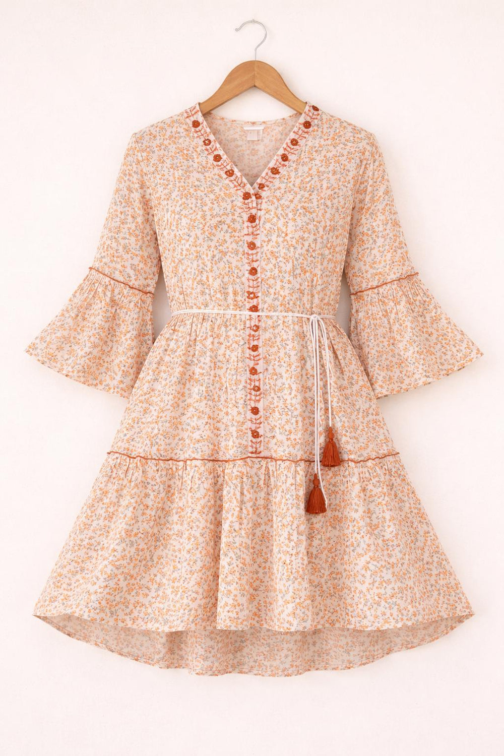 Floral Cotton Boho Dress V-Neck Button Tiered Belted Mini