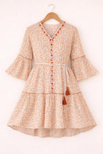 Floral Cotton Boho Dress V-Neck Button Tiered Belted Mini
