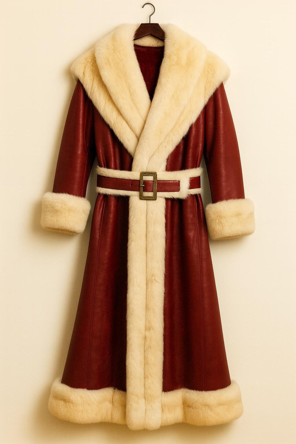 Luxury Santa Claus Coat – Handmade Red Leather Fur Trim Costume