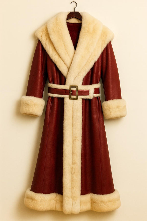 Luxury Santa Claus Coat – Handmade Red Leather Fur Trim Costume