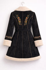 Black Shearling Coat with Floral Embroidery Belted Winter Sherpa Jacket Women