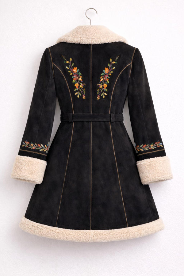 Black Shearling Coat with Floral Embroidery Belted Winter Sherpa Jacket Women