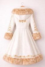 Victorian Ivory Faux Fur Embroidered Coat Elegant Winter Wedding Steampunk Cosplay Princess Vintage Style