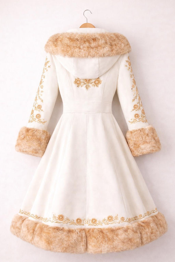 Victorian Ivory Faux Fur Embroidered Coat Elegant Winter Wedding Steampunk Cosplay Princess Vintage Style