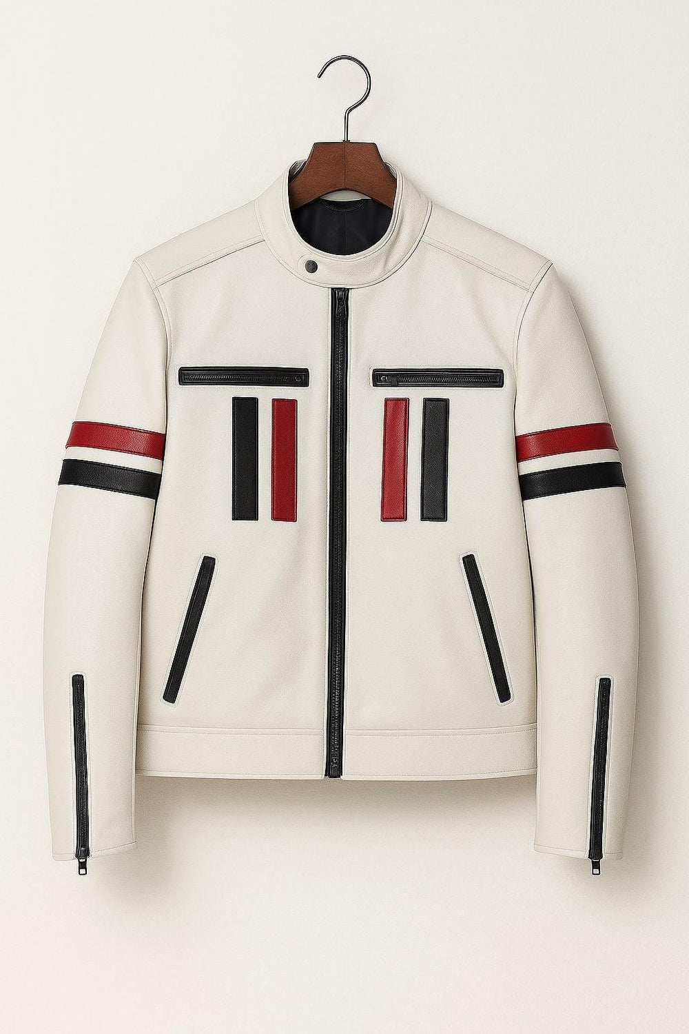 White Cafe Racer Jacket: Leather Moto Jacket with Red & Black Detailing