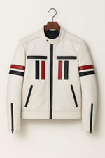 White Cafe Racer Jacket: Leather Moto Jacket with Red & Black Detailing