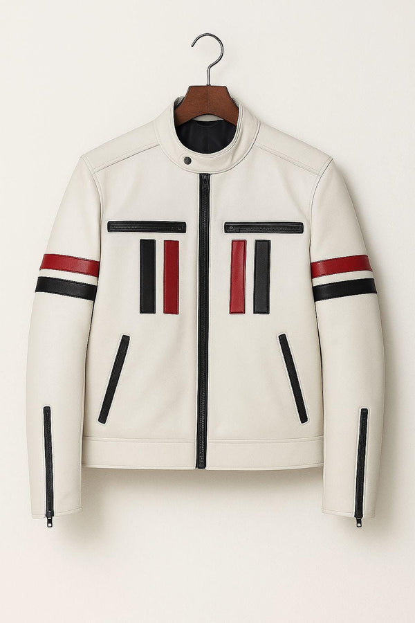 White Cafe Racer Jacket: Leather Moto Jacket with Red & Black Detailing
