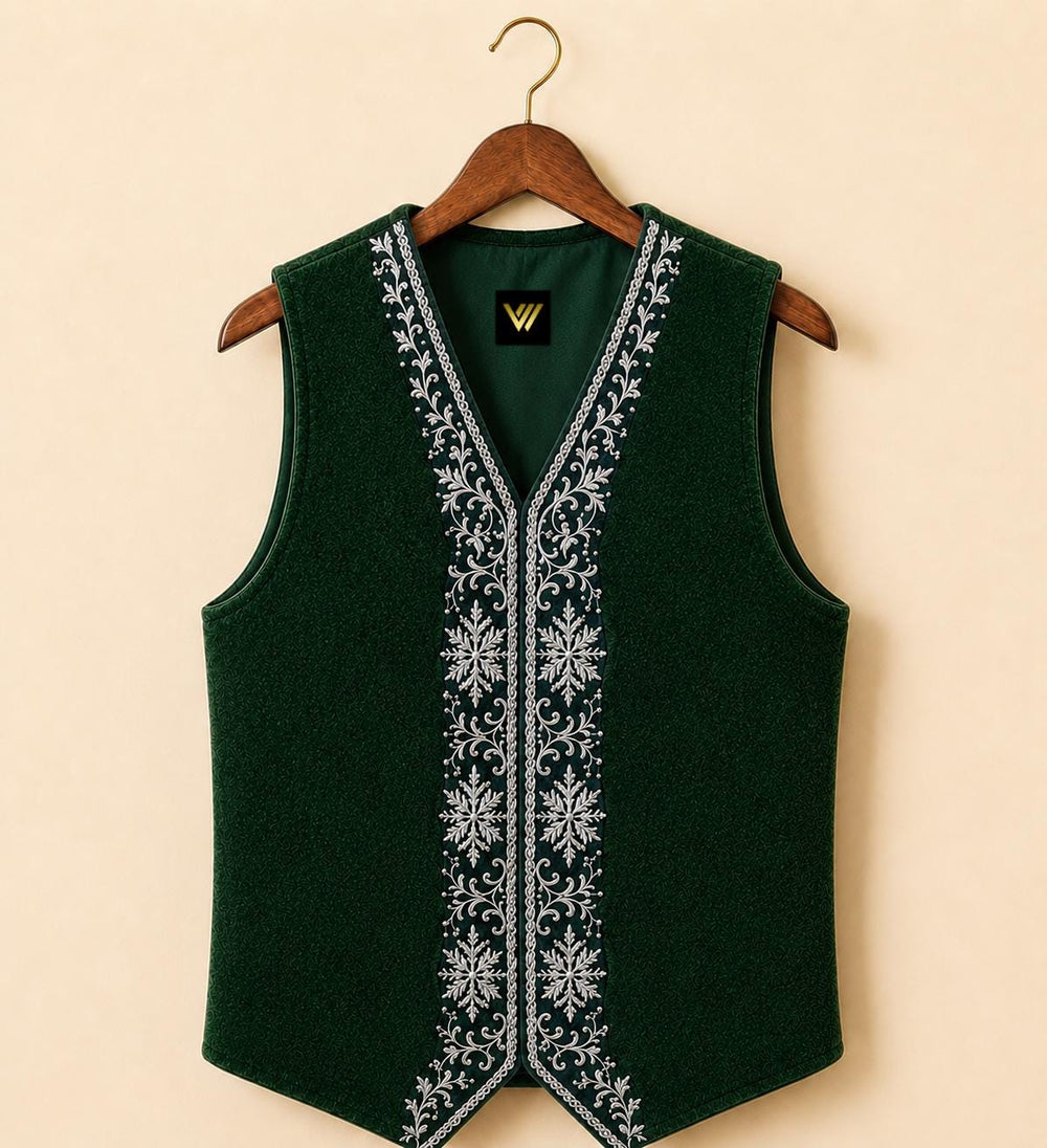 Handmade Embroidered Santa Vest Green Velvet Christmas Waistcoat
