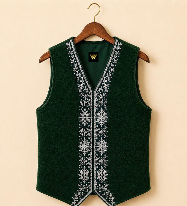 Handmade Embroidered Santa Vest Green Velvet Christmas Waistcoat
