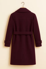 Burgundy Trench Coat: Double-Breasted Belted Maroon Wool Overcoat
