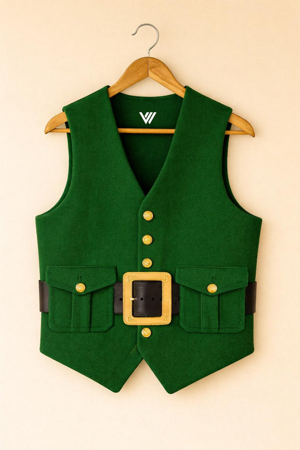 Green & Red Wool Santa Vest Christmas Costume Belted Holiday Waistcoat