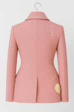 Pink Floral Wool Blazer: Hand Stitch Detail with Beige Rose Applique