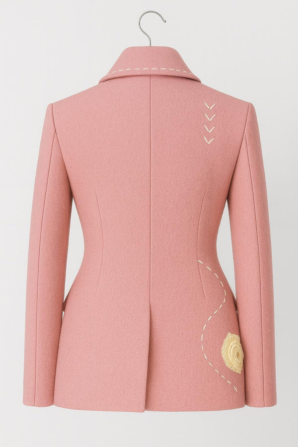 Pink Floral Wool Blazer: Hand Stitch Detail with Beige Rose Applique