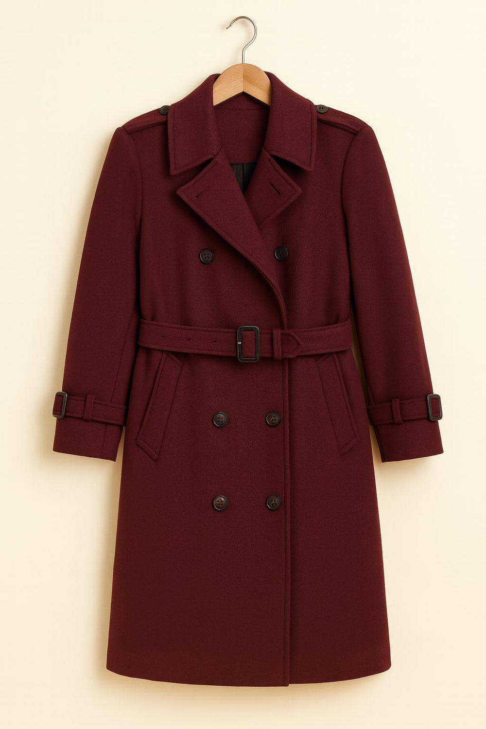 Burgundy Trench Coat: Double-Breasted Belted Maroon Wool Overcoat