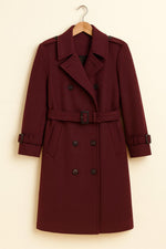 Burgundy Trench Coat: Double-Breasted Belted Maroon Wool Overcoat