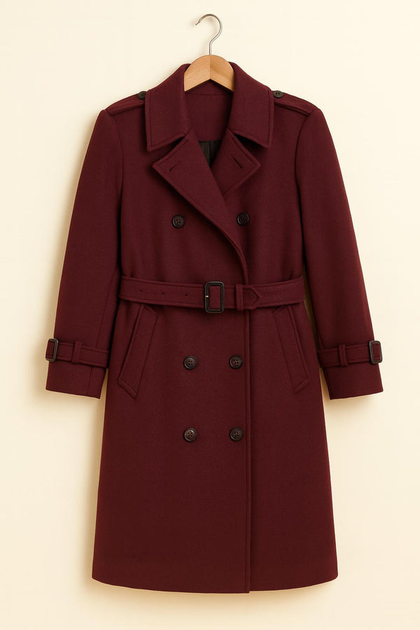 Burgundy Trench Coat: Double-Breasted Belted Maroon Wool Overcoat