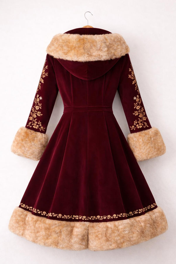 Maroon Victorian Wool Coat with Fur Trim & Embroidery