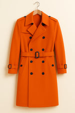 Orange Trench Coat Double-Breasted Belted Vintage Overcoat