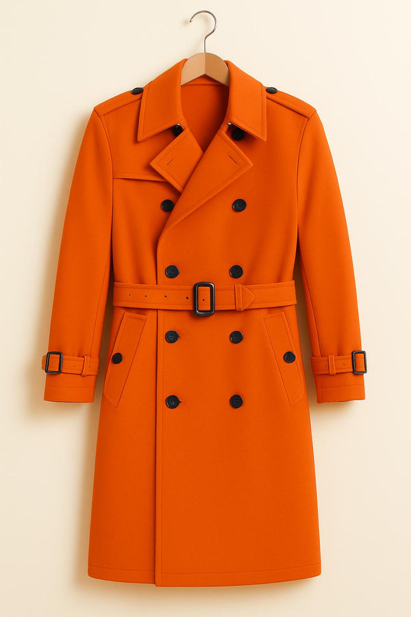 Orange Trench Coat Double-Breasted Belted Vintage Overcoat